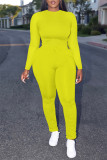 Yellow Casual Solid Basic O Neck Long Sleeve Two Pieces