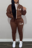 Brown Casual Letter Print Basic Hooded Collar Long Sleeve Two Pieces