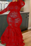 Moda vermelha sexy plus size sólido retalhos transparente o pescoço vestidos de manga comprida