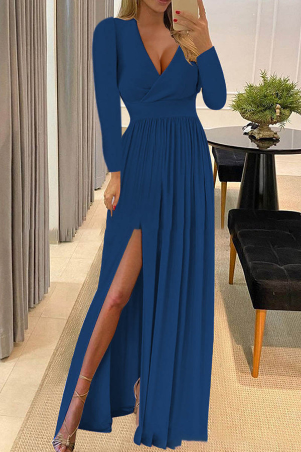 Blå Sexig Casual Solid Patchwork Slit V-hals långärmade klänningar