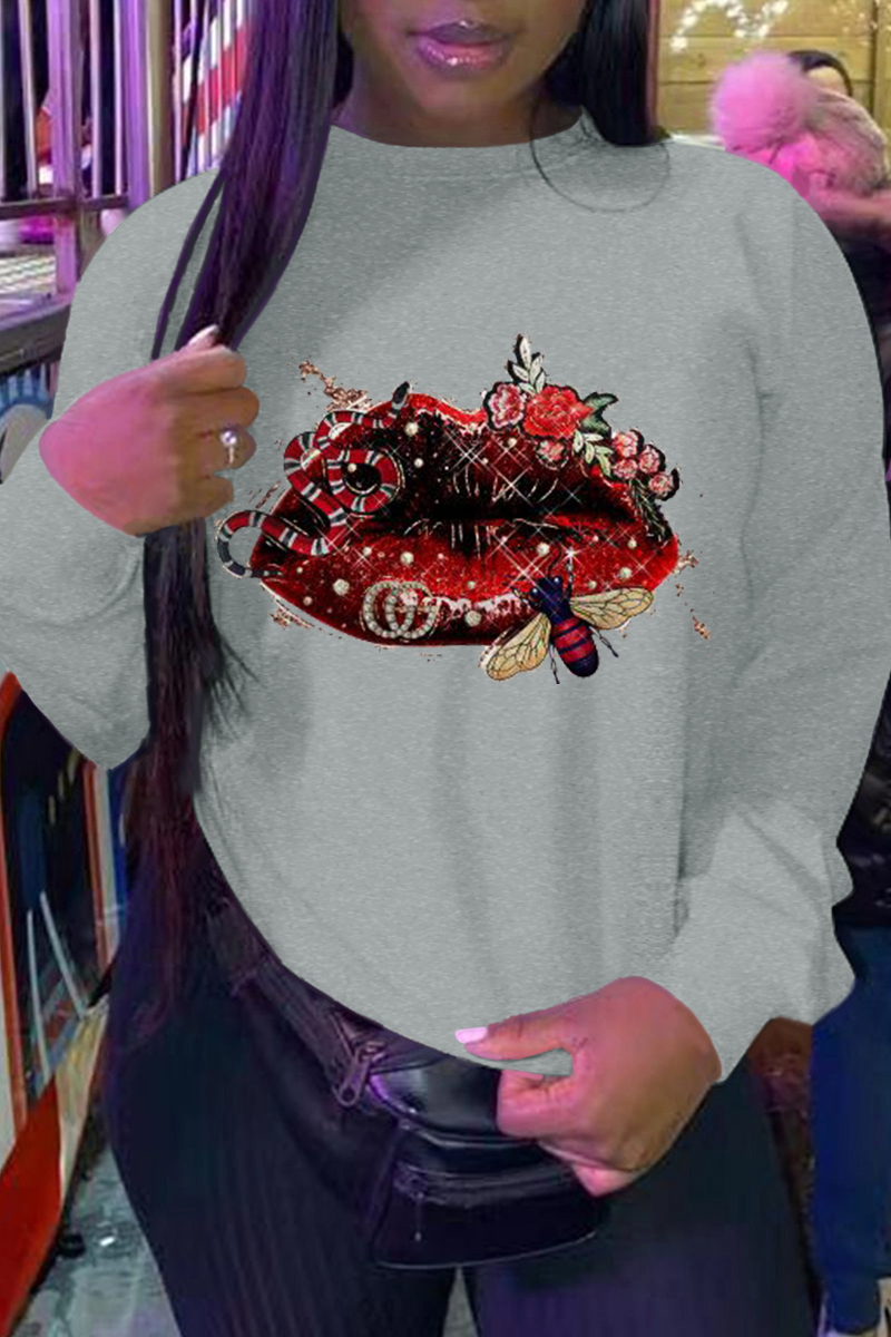 

Grey Casual Daily Lips Printed Patchwork O Neck Tops
