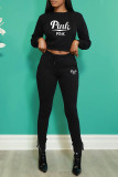 Черный Повседневная спортивная одежда С принтом Пэчворк О-образный вырез Длинный рукав Из двух частей