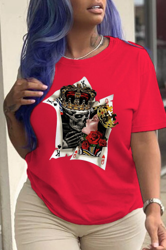 T-shirts à col rond en patchwork de tête de mort à imprimé vintage Red Street