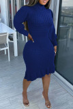 Blå Casual Solid Basic långärmade klänningar med turtleneck