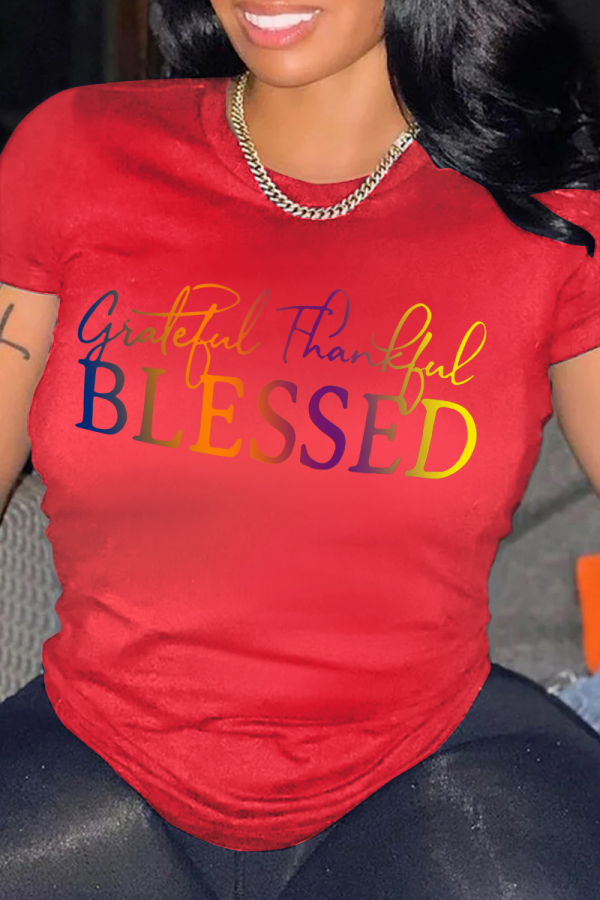 Camisetas con cuello en O de patchwork con estampado diario de Street Red Street