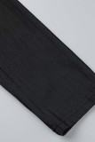 Schwarze, lässige, solide Patchwork-Frenulum-O-Ausschnitt-Langarmkleider in Übergröße