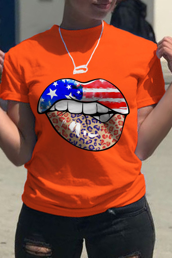 Orange lässige tägliche Lippen bedruckte Patchwork-T-Shirts mit O-Ausschnitt