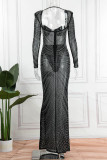 Black Sexy Patchwork Hot Drilling See-through Backless Square Collar Long Sleeve Dresses