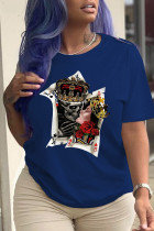 T-shirts à col rond en patchwork de crâne à imprimé vintage de rue bleu marine