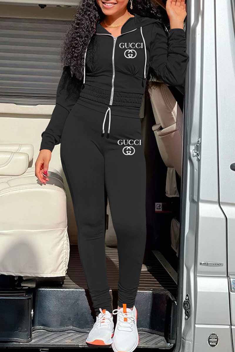 

Black Sportswear Print Letter Hooded Collar Long Sleeve Two Pieces