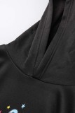 Vestidos pretos com estampa casual patchwork gola com capuz manga longa plus size