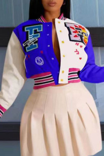 Vêtements d'extérieur à col rond et patchwork imprimés décontractés bleus