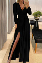Black Sexy Casual Solid Patchwork Slit V Neck Long Sleeve Dresses