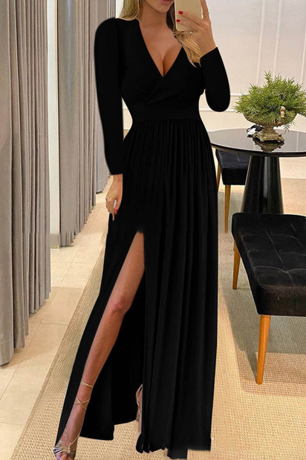 Schwarze, sexy, lässige, solide Patchwork-Kleider mit V-Ausschnitt und langen Ärmeln