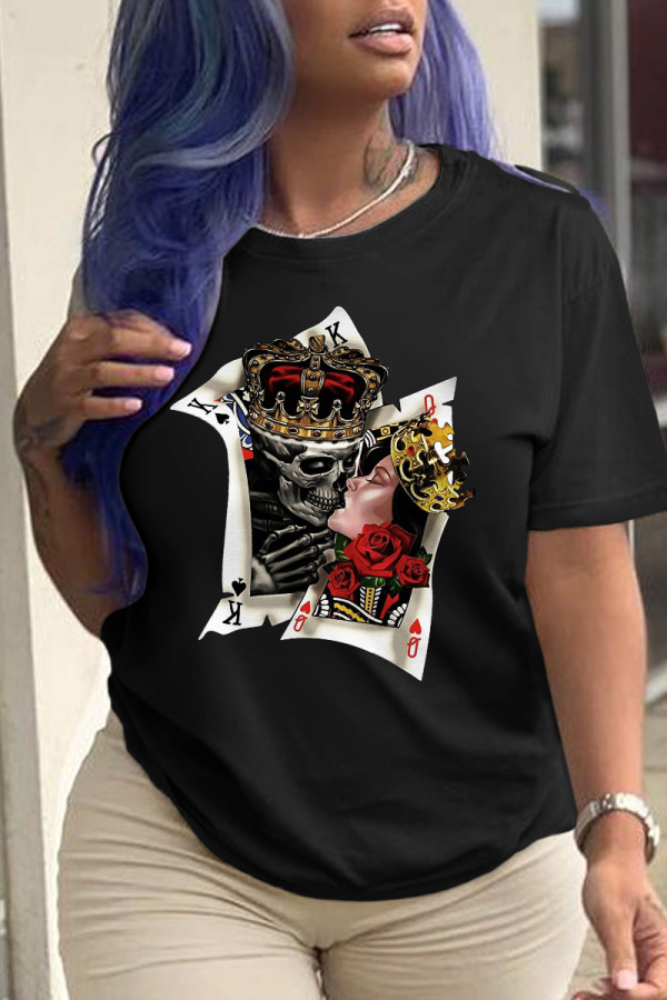 Camisetas con cuello en O de patchwork de calavera con estampado vintage de calle negro