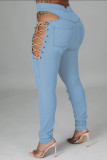 Jeans jeans skinny azul claro casual liso rasgado oco frenulum cintura média