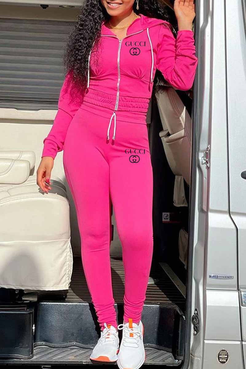 

Rose Red Sportswear Print Letter Hooded Collar Long Sleeve Two Pieces