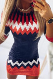 Red Blue Casual Print Patchwork V Neck Long Sleeve Dresses