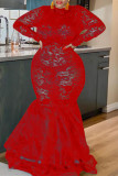Moda vermelha sexy plus size sólido retalhos transparente o pescoço vestidos de manga comprida