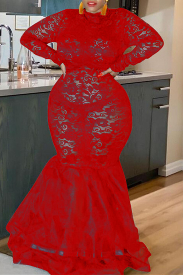 Röd Mode Sexig Plus Size Solid Patchwork Genomskinlig O-hals långärmade klänningar