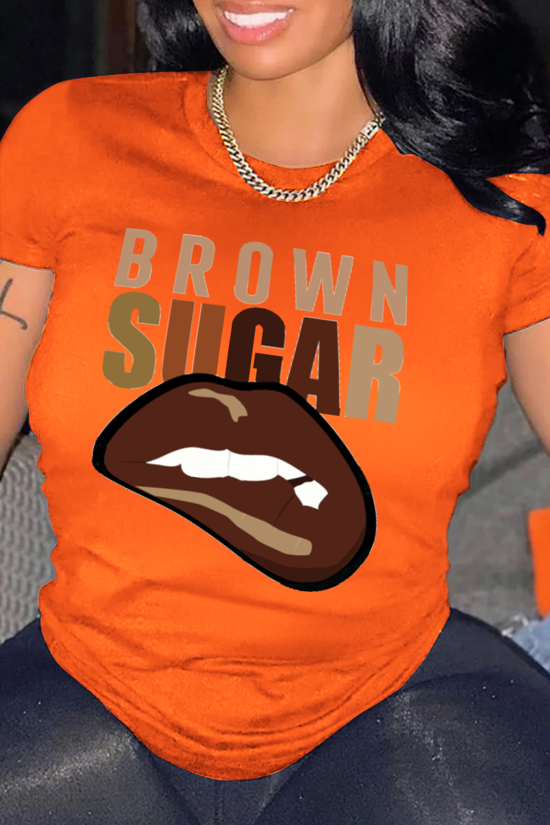 

Orange Casual Daily Lips Printed Patchwork Letter O Neck T-Shirts