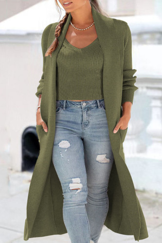 Army Green Casual Cardigan Collar Long Sleeve Longline Cardigan Knitted Sweater Jackets