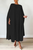 Vestidos rectos con cuello en O de patchwork sólido casual negro