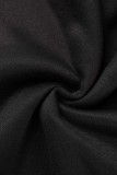 Vestidos pretos com estampa casual patchwork gola com capuz manga longa plus size