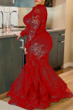 Rode mode sexy plus size effen patchwork doorschijnende O-hals jurken met lange mouwen