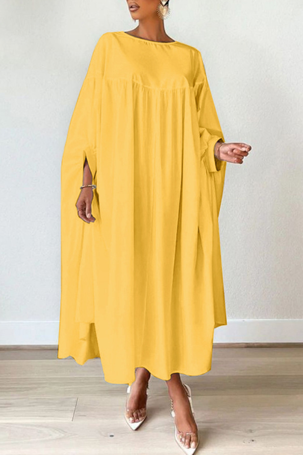 Gele casual effen patchwork rechte jurken met ronde hals