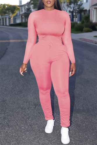 Pink Casual Solid Basic O Neck Long Sleeve Two Pieces