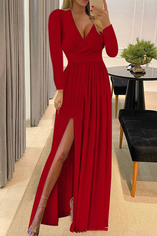 Rote sexy beiläufige feste Patchwork-Schlitz-V-Ausschnitt-Langarm-Kleider