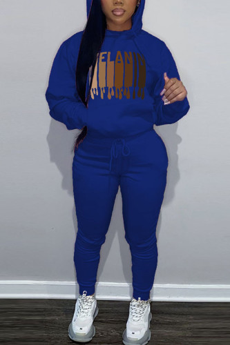 Blue Casual Graphics Print O Neck Hooded Collar Long Sleeve Sweatshirt And Draw String Pants Two Pieces Jogger Sets