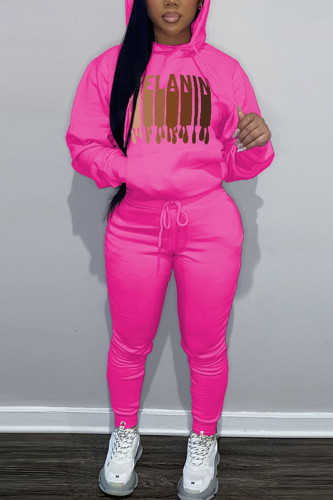 Rose Red Casual Graphics Print O Neck Hooded Collar Long Sleeve Sweatshirt And Draw String Pants Two Pieces Jogger Sets