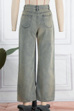 Gul Casual Vintage Print Patchwork Låg midja raka jeans jeans