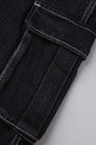 Jeans in denim dritti a vita alta con patchwork solido casual neri