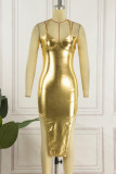 Vestidos vestidos sem mangas dourados sensuais sólidos sem costas com fenda e alça de espaguete