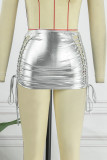 Silver Sexy Casual Solid Hollowed Out Skinny Mid Waist Skirt