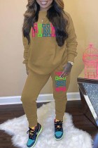 Khaki Casual Print Letter O Neck Long Sleeve Two Pieces Tracksuits Sets Sweat Suit