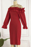 赤いエレガントな無地パッチワーク フラウンス オフショルダー ワンステップ スカート ドレス