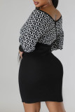 Vestidos de falda de un paso con cuello en V de patchwork con estampado informal negro