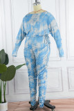 Blå Casual Print Tie Dye Dra String Frenulum Vik O-hals Plus storlek två stycken