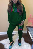 Dark Green Casual Print Letter O Neck Long Sleeve Two Pieces Tracksuits Sets Sweat Suit