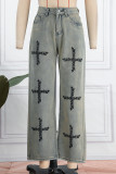Gelbe, lässige Vintage-Print-Patchwork-Denim-Jeans mit niedriger Taille und gerader Passform