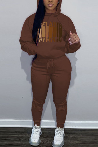 Brown Casual Graphics Print O Neck Hooded Collar Long Sleeve Sweatshirt And Draw String Pants Two Pieces Jogger Sets