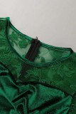 Vestidos de manga comprida verde casual patchwork sólido transparente com gola O
