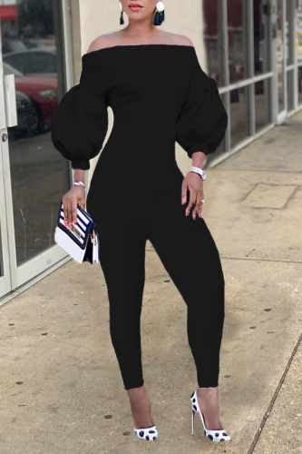Black Casual Solid Patchwork Off the Shoulder Skinny Jumpsuits