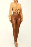 Color caramelo Casual Bolsillo sólido Flaco Cintura alta Pantalones de color sólido convencionales
