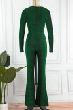 Groene sexy effen patchwork v-hals bootcut jumpsuits