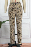 Calças de cintura alta com estampa de leopardo casual patchwork de leopardo básico